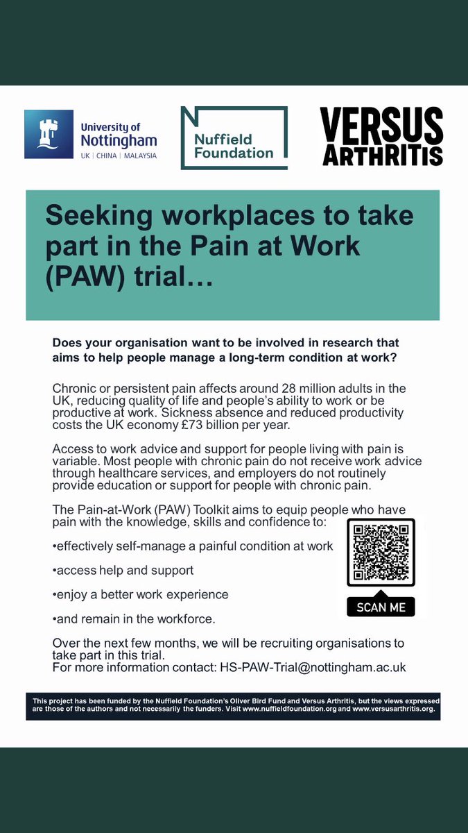 hollyblakenotts's tweet photo. Want to help your employees with chronic pain have a better experience at work? We’re recruiting organisations to take part in the Pain at Work trial to test the value of a #digitalhealth resource with #occupationaltherapy support. Interested? 👇#WorkplaceHealth #SelfManagement https://t.co/vnPyNZpQLa
