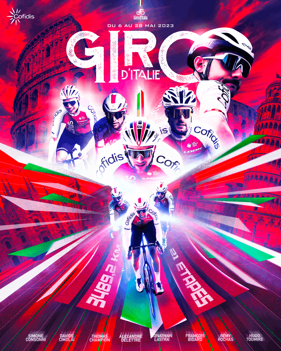Team Cofidis (@teamcofidis) on Twitter photo Place au Giro d'Italia 🤜🤛
Notre compo d'équipe ⤵️
-Simone CONSONNI,
-Davide CIMOLAI,
-Thomas CHAMPION,
-Alexandre DELETTRE,
-Jonathan LASTRA,
-François BIDARD,
-Rémy ROCHAS,
-Hugo TOUMIRE
<a href="/giroditalia/">Giro d'Italia</a> #Giro #CofidisMyTeam Place au Giro d'Italia 🤜🤛
Notre compo d'équipe ⤵️
-Simone CONSONNI,
-Davide CIMOLAI,
-Thomas CHAMPION,
-Alexandre DELETTRE,
-Jonathan LASTRA,
-François BIDARD,
-Rémy ROCHAS,
-Hugo TOUMIRE
<a href="/giroditalia/">Giro d'Italia</a> #Giro #CofidisMyTeam