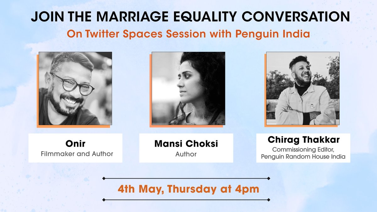 A lot has been said around marriage equality recently, but have the right voices been heard? Join <a href="/IamOnir/">iamOnir</a> and <a href="/mansi_choksi/">Mansi Choksi</a>, authors and artists in conversation with editor <a href="/chiraghthakkar/">Chirag Thakkar</a> Tomorrow at 4pm for THE conversation here - x.com/i/spaces/1yoKM…