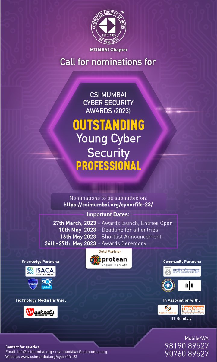 Call for Nominations for CSI Mumbai Cyber Security Awards (2023)  Award Nomination Website: lnkd.in/dJC9tbBy

<a href="/vishalpawade/">Vishal Pawade</a>
<a href="/pritamyawalkar/">pritamyawalkar</a>
<a href="/rmankikar/">Ravikiran Mankikar</a>
#cybersecurity #datasecurity #cybercrime #CyberAttack  #Awareness