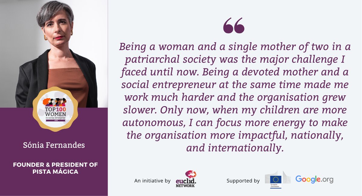 🦸‍♀️ Meet the Top 100 Women in Social Enterprise 2023!

Sónia Fernandes 🇵🇹 is the Founder and President of Pista Mágica 👉  youtube.com/shorts/3Ege7FO…

Discover all the incredible women on this year’s list 👉 euclidnetwork.eu/portfolio-post…

#EmbraceEquity