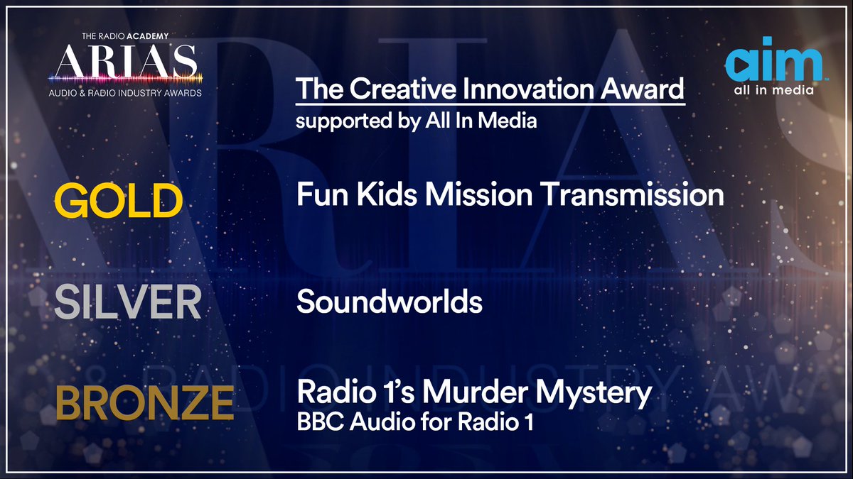 WeAreDevaweb's tweet photo. Two silvers and a gold! 🥇🥈🥈

We're delighted to have picked up three awards at last night's Arias in London. Mission Transmission for @funkids won gold for Creative Innovation and Moment Of The Year - we created the theme music and looked after mixing &amp; post production. 1/3 https://t.co/ts31hBaxir