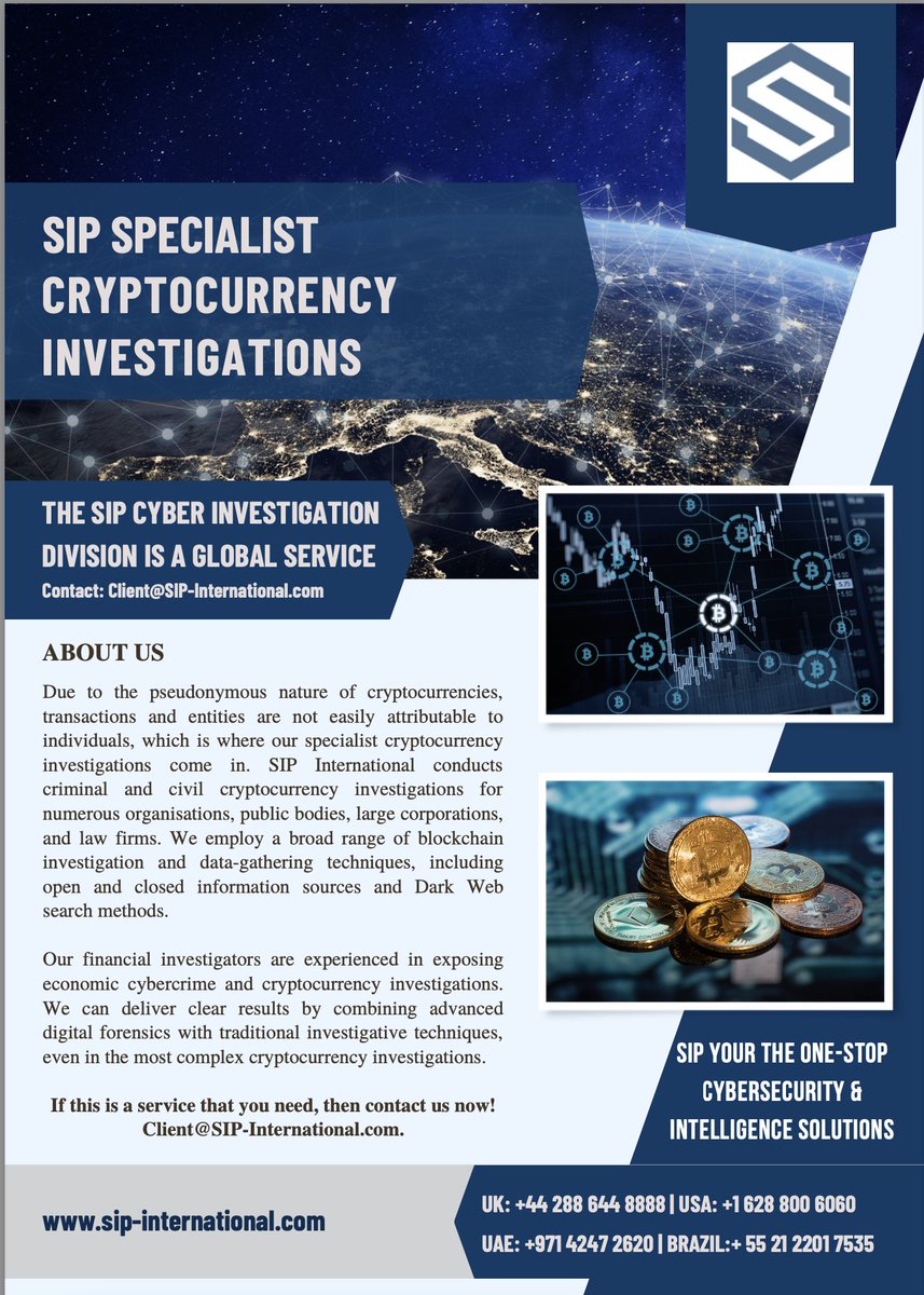 SIP_1983's tweet photo. SIP SPECIALIST CRYPTOCURRENCY INVESTIGATIONS!

TALK TO US TODAY! Client@sip-international.com

#cybersecurity #cryptocurrencies #internetofthings #aisecurity #digitalsecurity  #duediligence #assetprotection #cryptocompliance #digitalforensics #cryptoassets #blockchainsecurity https://t.co/HBt9uidJcE