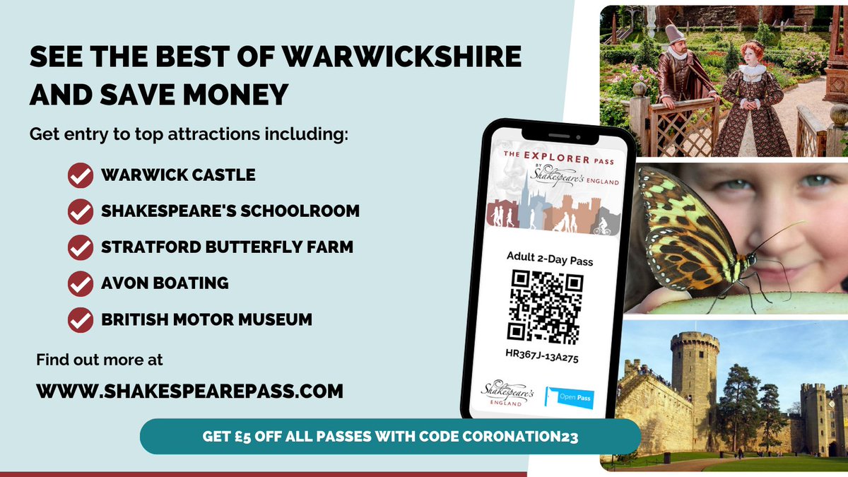 Make the most of the extra bank holiday and enjoy the best of Warwickshire for less this May with the Explorer Pass.

Buy your pass here shakespearepass.com and get £5 off all passes with code CORONATION23.

 #explorerpass #Coronation #shakespearesengland