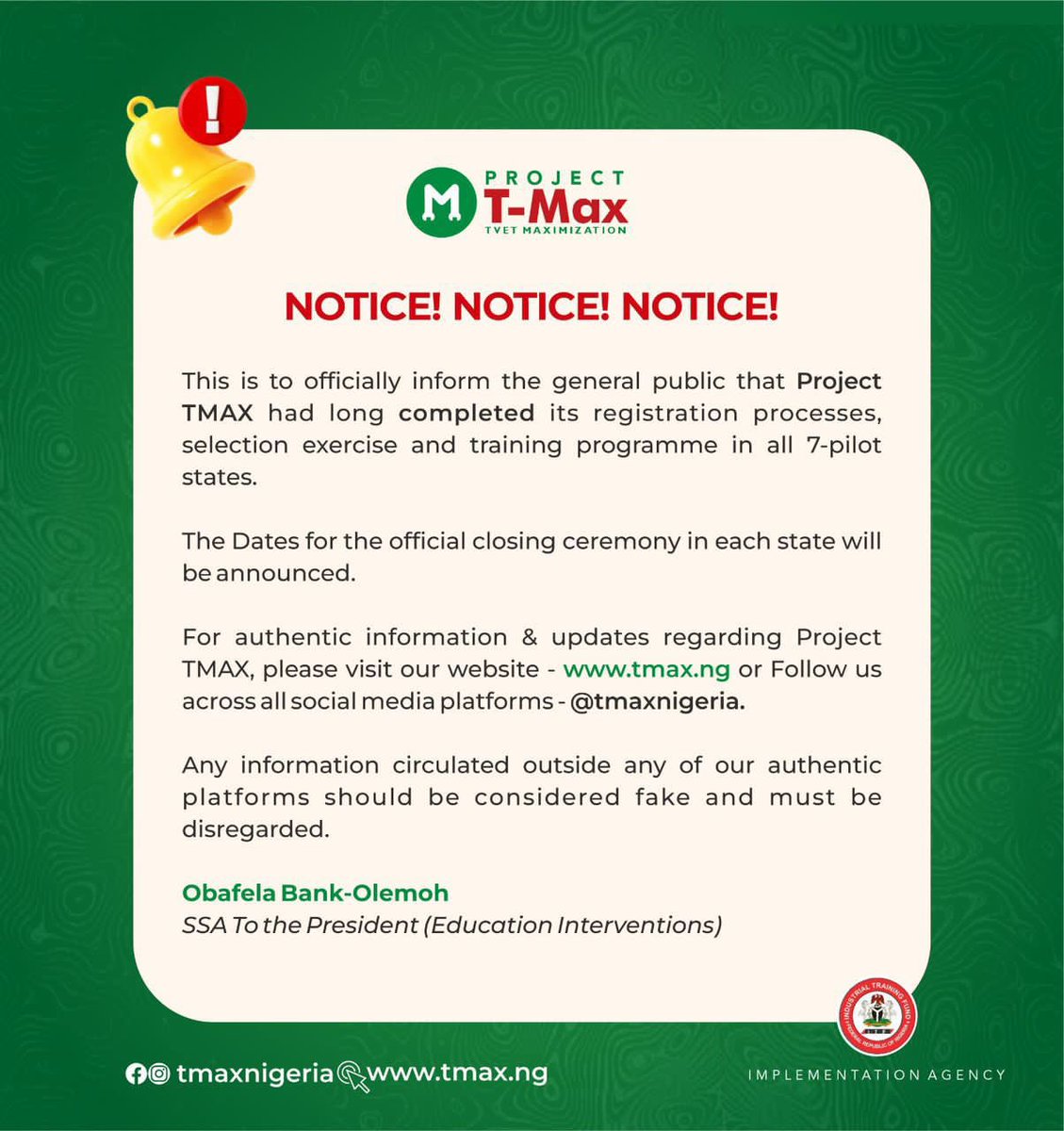 TmaxNigeria's tweet photo. IMPORTANT ANNOUNCEMENT‼️ #tmax #projecttmax #skillsdevelopment https://t.co/zIqkxdpOYl