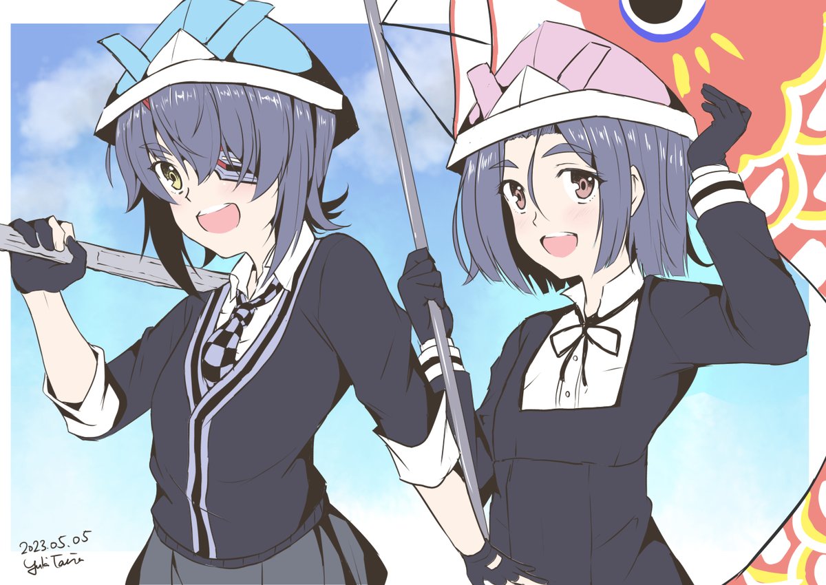 tatsuta (kancolle) ,tenryuu (kancolle) multiple girls 2girls eyepatch purple hair gloves short hair yellow eyes  illustration images