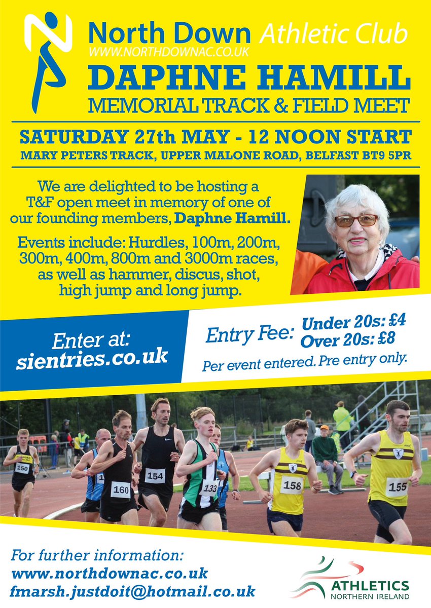 NorthDownAC's tweet photo. Online entry open for our T&amp;F meet on Saturday 27 May 2023

Range of events suitable for all abilities aged 13+

No ‘on the day’ entry available

Full info and to enter ⬇️

https://t.co/ehWuck0tHl https://t.co/8zaWEV6peX