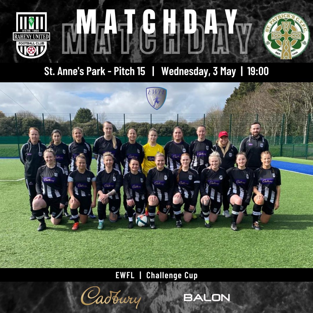 ⚽ | 𝙈 𝘼 𝙏 𝘾 𝙃 𝘿 𝘼 𝙔 !

The very best of luck to our Senior Women's team who are in Challenge Cup action against <a href="/pats_cyfc/">St. Patrick's CYFC</a> this evening! 🤞

Get down to Pitch 15 for 7pm to cheer on the girls. 🙌

<a href="/CadburyIreland/">Cadbury Ireland</a>

⚫ #RUFC | ⚪ #CmonTheParish