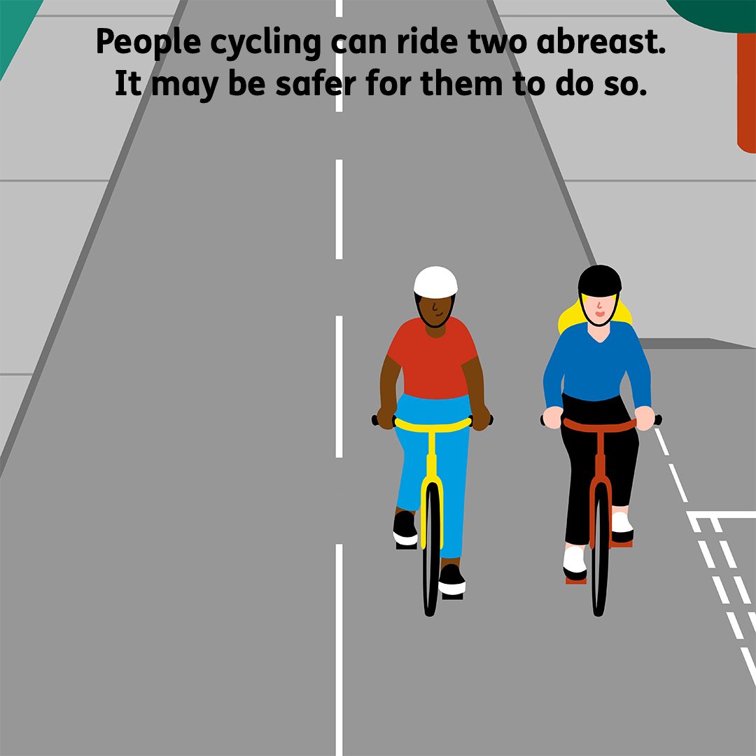 THINKgovuk's tweet photo. And people cycling can ride two abreast. It may be safer for them to do so.   Refresh your Highway Code knowledge and help keep everyone safe: https://t.co/hXWxdJTmX6 https://t.co/Zh6gH5hXYU