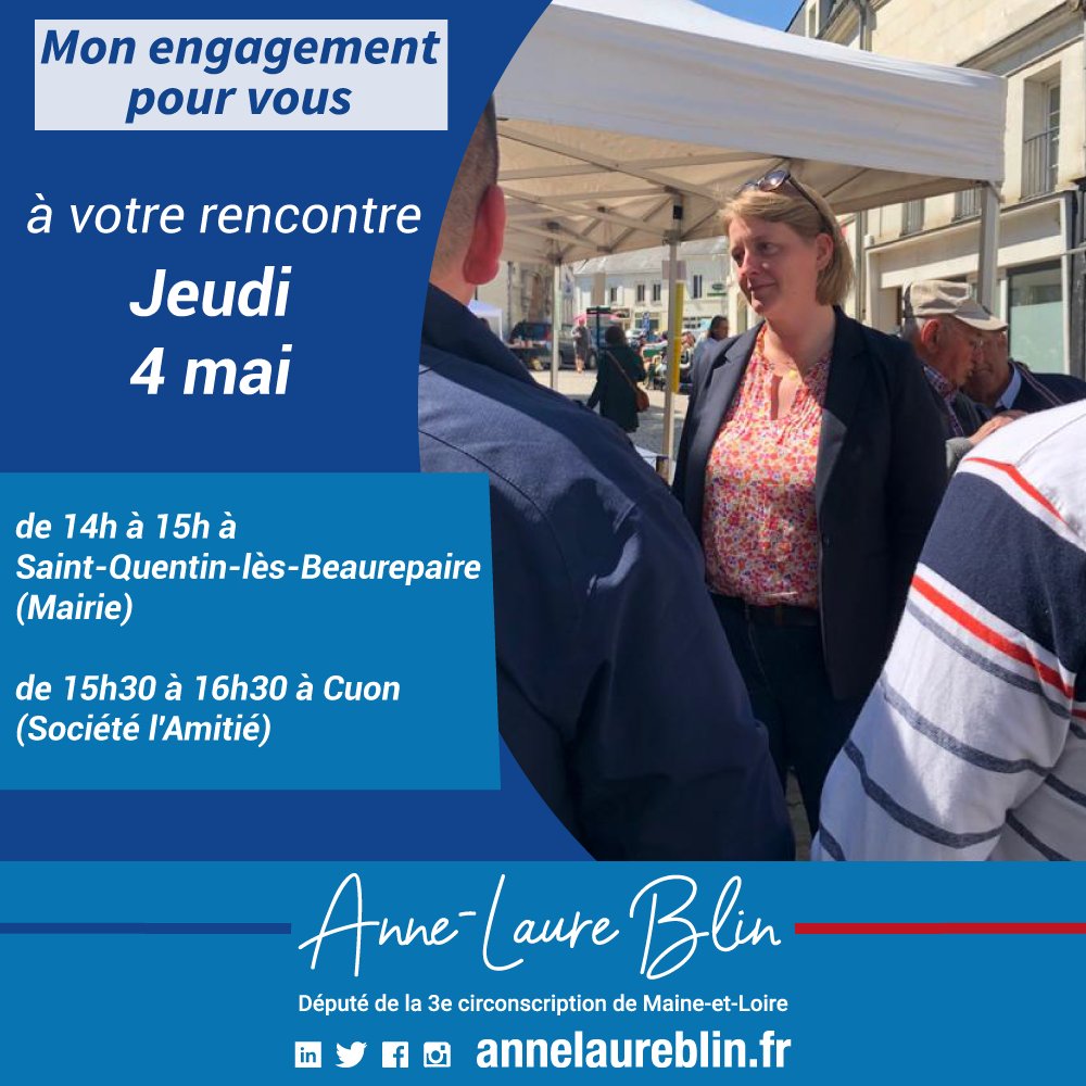 AnneLaureBlin's tweet photo. Retrouvons-nous demain pour mes permanences mobiles dans les communes déléguées de @baugeenanjou  

➡️ de 14h à 15h à Saint-Quentin-lès-Beaurepaire
➡️ de 15h30 à 16h30 à Cuon

Je vous recommande de prendre rendez-vous sur mon site 👉🏻 https://t.co/haHqpabOaX #circo4903 https://t.co/e5COzJTUSQ