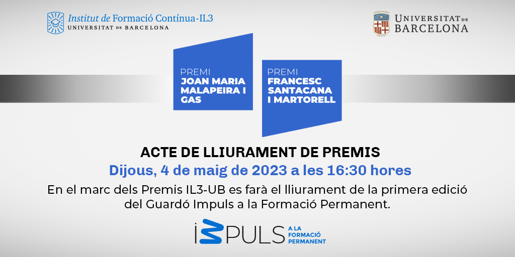 UniBarcelona's tweet photo. #IL3UB | 🏆 Us convidem al lliurament de la 4a edició dels Premis @UB_IL3 a la innovació en la formació contínua en títols propis 2022 de la #UniBarcelona.
També es lliurarà la 1a edició del guardó Impuls a la formació permanent.
Més info 👉 https://t.co/DR2NH2po70 https://t.co/6Dage9RRaQ