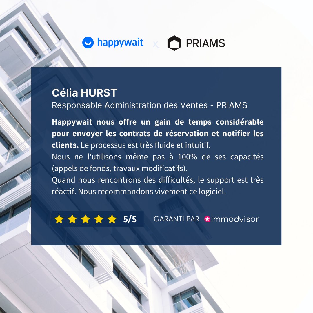 💬"<a href="/Happywait/">Happywait</a> offre un gain de temps considérable. Le processus est très fluide et intuitif. Le support est très réactif. Nous recommandons vivement ce logiciel."
- Célia HURST, Responsable Administration des Ventes #PRIAMS

🤝 Merci à nos clients pour leur confiance. <a href="/Immodvisor/">Immodvisor</a>