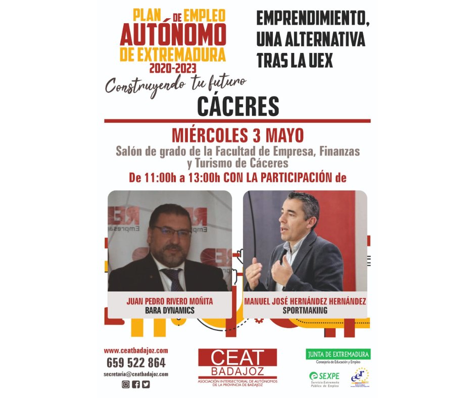 sportmaking's tweet photo. #Sportmaking esta presente en el programa Plan del Empleo Autónomo de Extremadura, “Emprendimiento, una alternativa tras la UEX”
📍Salón de Grado de la Facultad de Empresa, Finanzas y Turismo de la #uex en Cáceres
Participa como ponente Manuel José Hernández, CEO de @sportmaking https://t.co/uaahYMm2WK