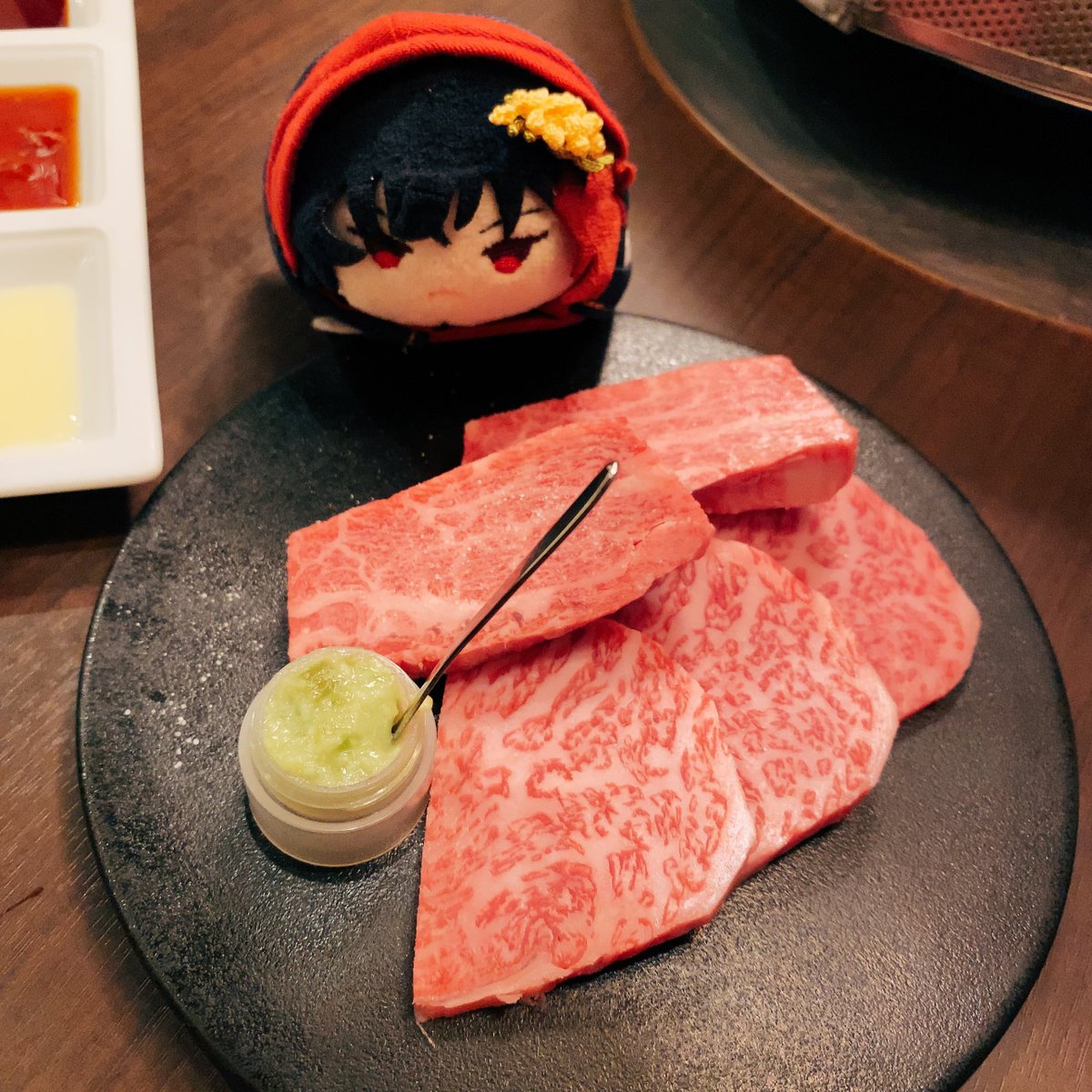 red eyes food black hair solo plate meat red hair  illustration images