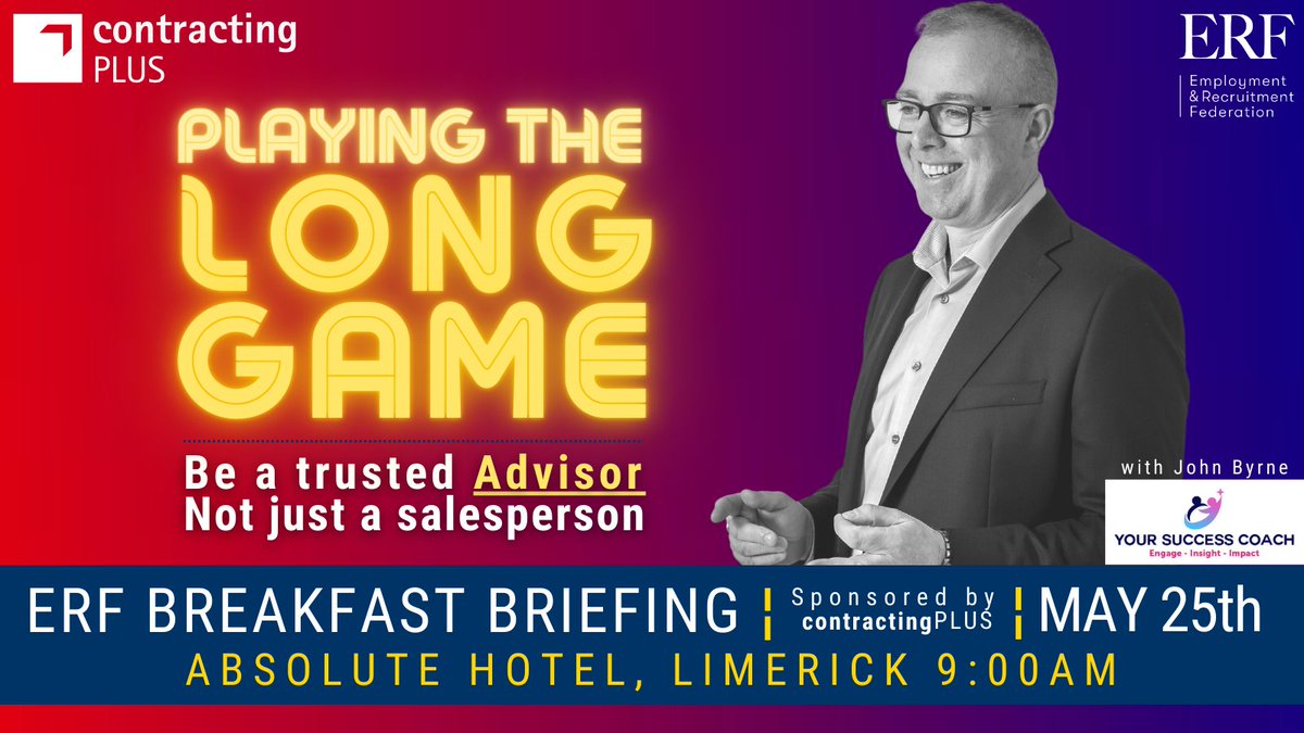 ERF Ireland (@erfireland) on Twitter photo Join us in Limerick, 25/05 for our next Breakfast Briefing with <a href="/ursuccesscoach/">YourSuccessCoach</a> entitled 'Playing the Long Game'. Become a trusted Advisors not just a salesperson. With thanks to our event sponsor <a href="/ContractingPLUS/">Contracting PLUS</a> - Book at lnkd.in/d58jZgfE
#recruiters #erf2023 #success Join us in Limerick, 25/05 for our next Breakfast Briefing with <a href="/ursuccesscoach/">YourSuccessCoach</a> entitled 'Playing the Long Game'. Become a trusted Advisors not just a salesperson. With thanks to our event sponsor <a href="/ContractingPLUS/">Contracting PLUS</a> - Book at lnkd.in/d58jZgfE
#recruiters #erf2023 #success