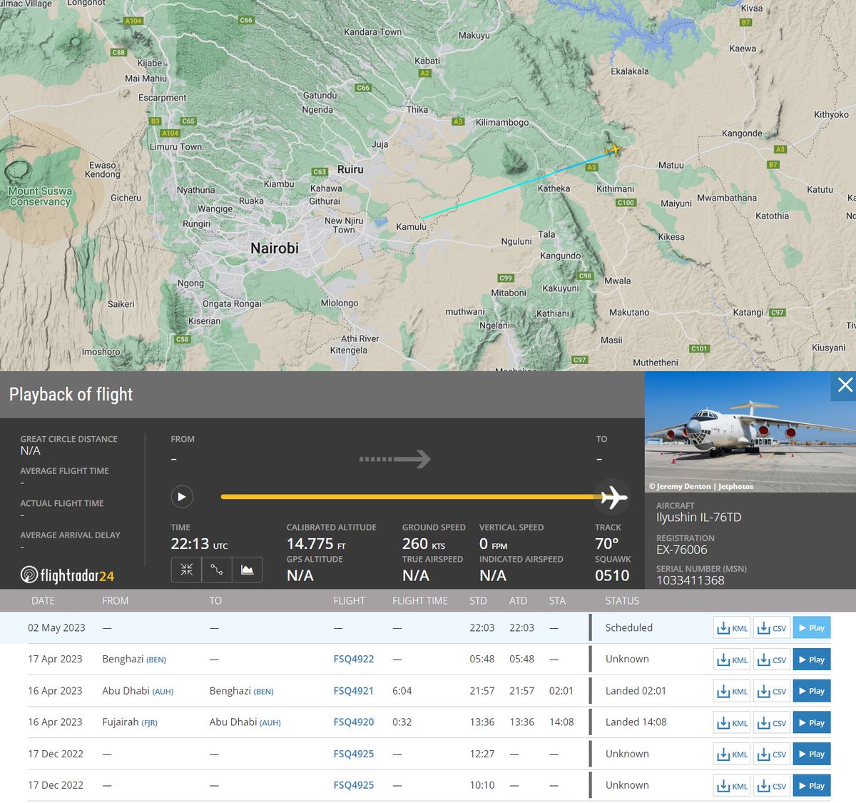 Gerjon_'s tweet photo. Update: "Fly Sky Airlines" 🇰🇬EX-76006 was spotted by a follower on ground in 🇰🇪Nairobi last night.
She was later tracked climbing out of 🇰🇪Nairobi just after 01:00 local time this morning, and was tracked descending over the 🇦🇪UAE around 03:20 UTC this morning: #FSQ4922. https://t.co/yfVSTjU1qN