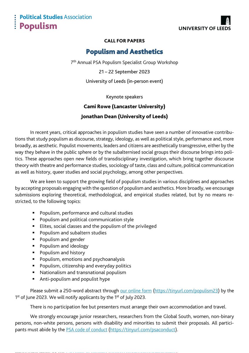 populismPSA's tweet photo. 📢 WORKSHOP: POPULISM AND AESTHETICS

We are pleased to announce the Call for Papers for our 7th Populism Specialist Group Workshop.

The event will take place at the University of Leeds on 21–22 September 2022. Abstracts are expected by June 1st, 2022.
https://t.co/3TDTM6P94X https://t.co/hnahLD6fTP