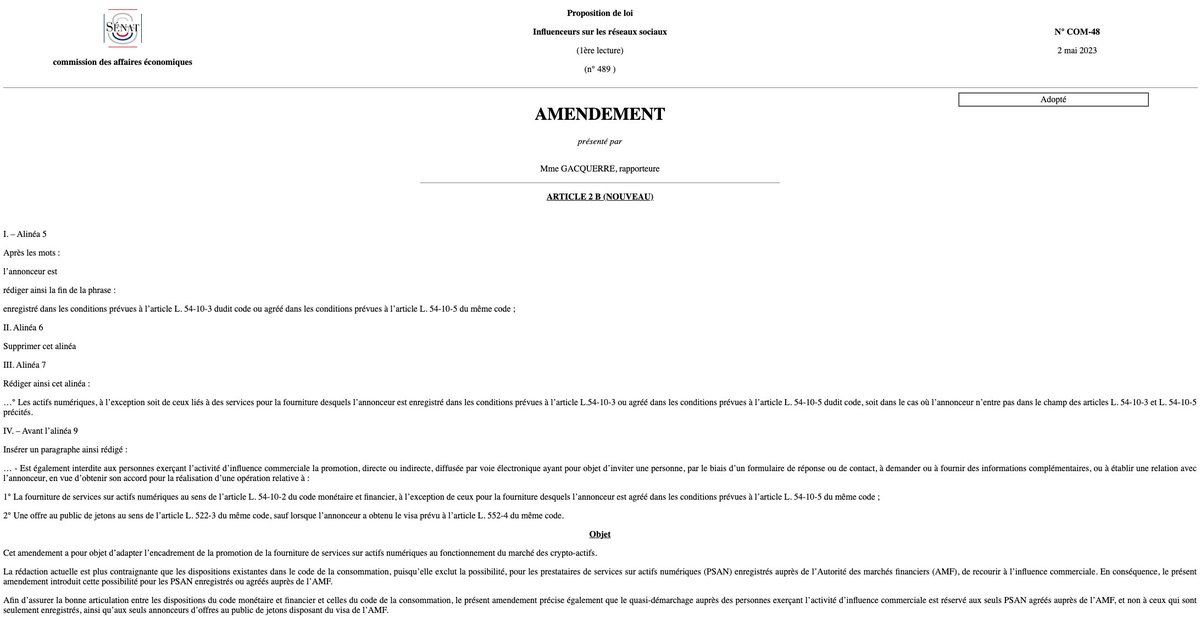 adan_asso's tweet photo. ⚡️ La commission des affaires éco du @Senat adopte une nouvelle version de la #PPLinfluenceurs :

➡️ PSAN enregistrés et émetteurs d’ICO pourront continuer d'être promus
➡️ les activités #Crypto hors champ PSAN (NFT, DeFi...) également

Une étape cruciale avant l'adoption ? https://t.co/i9HpJQlO7H