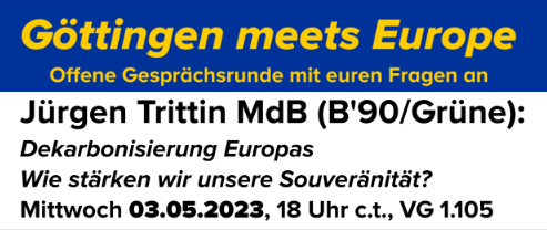 Hallo #Göttingen! Heute Abend ab 18:15 bin ich auf Einladung der Göttinger <a href="/JEF_Nds/">JEF Niedersachsen</a> in der Universität. Wir reden über darüber, wie wir Europa dekarbonisieren und dabei unsere (Energie-)Souveränität stärken.

18 Uhr c.t., VG 1.105.

Ich freue mich auf die Diskussion!