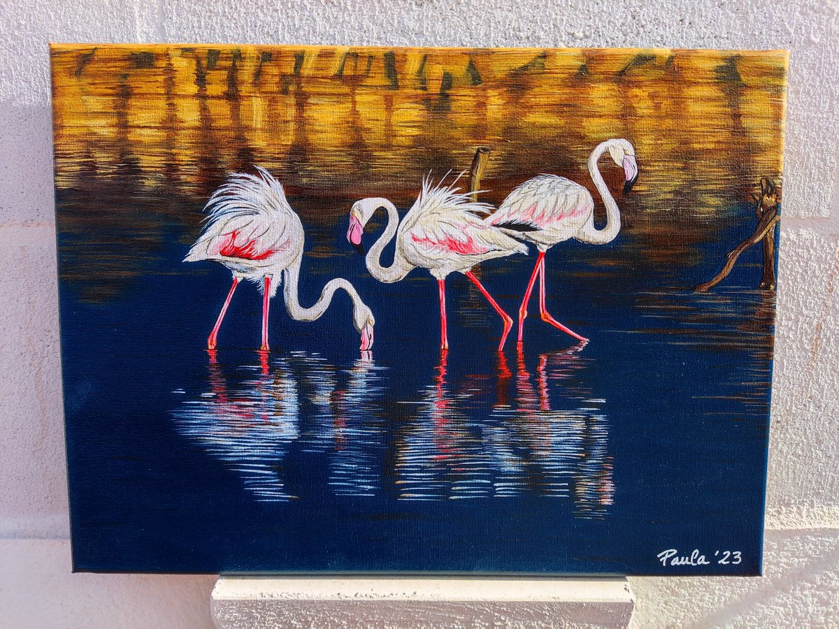 'Reflejos' pintado con acrílico sobre lienzo tamaño A3 #pinturacrilica #pintura #cuadro #flamencos #bahiadecadiz