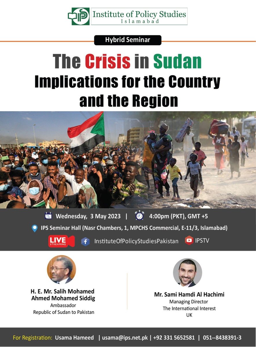 For anyone interested, do join me today at 11GMT for this discussion hosted by <a href="/IPS_1979/">Institute of Policy Studies, Islamabad</a> on the crisis in #Sudan.