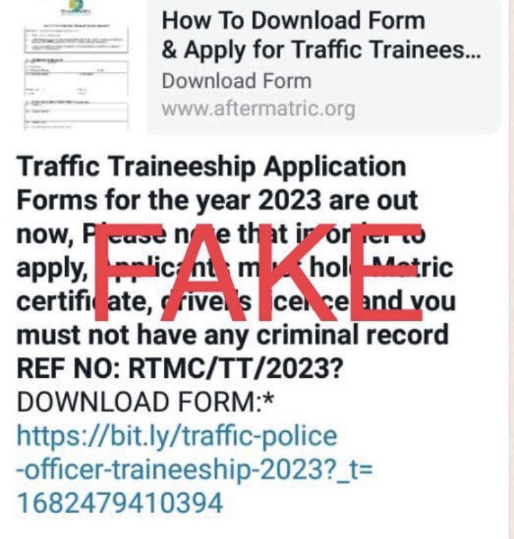 Road Traffic Management Corporation on Twitter: "Public warned about a  bogus traffic traineeship recruitment for 2023 doing rounds on social  media. Members of the public advised to verify adverts by logging on
