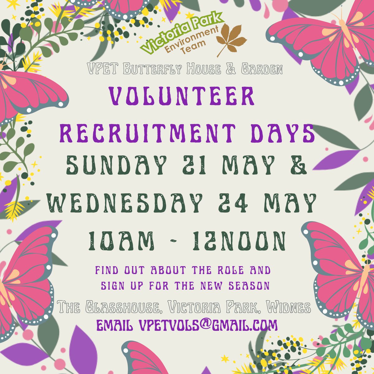 We are pleased to confirm the Butterfly House in Victoria Park, Widnes will open on Monday 29 May 11am! 
We aim to open Wed &amp; Sun through summer.

To do this we will need more volunteers! 

Can you spare a few hours a week? 

Come along Sun 21st or Wed 24th May 10-12 to sign up!