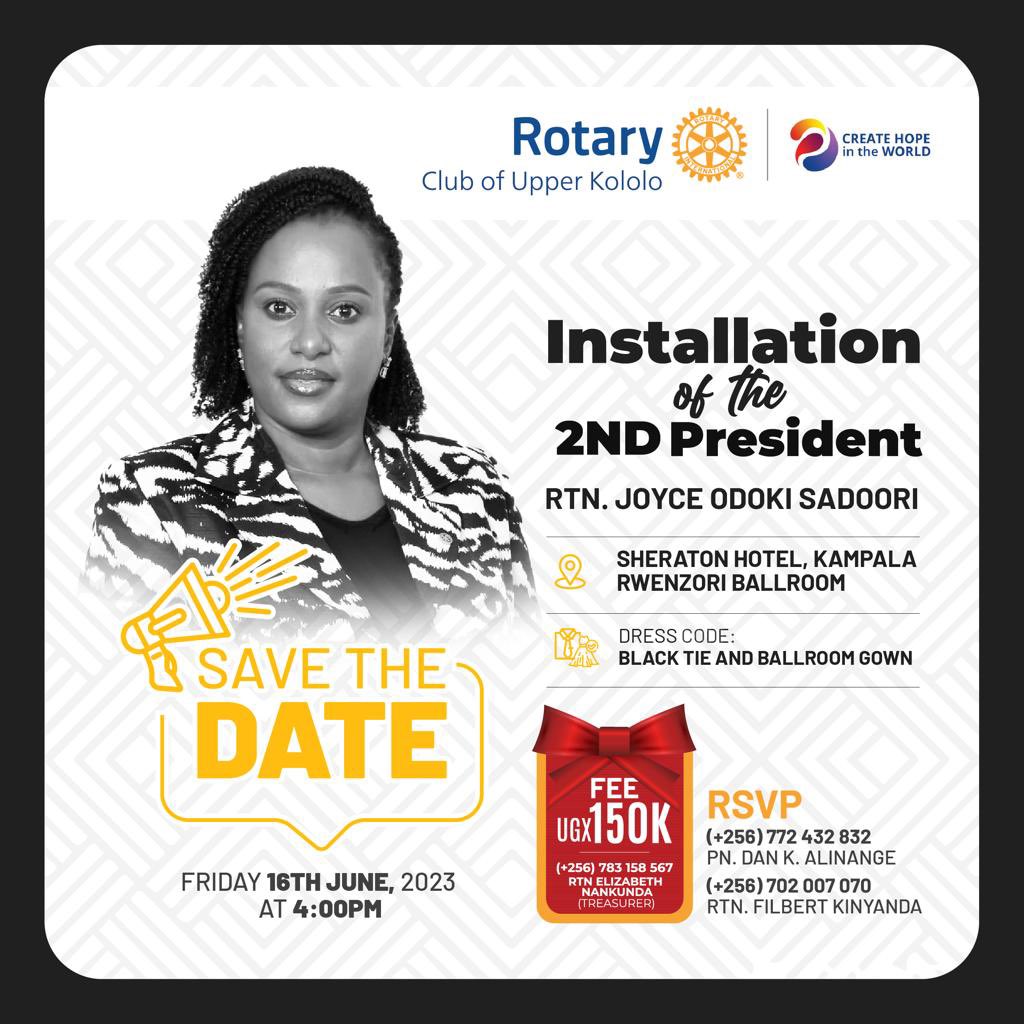 Rotary Club of Upper Kololo (@rcupperkololo) on Twitter photo As we get into the year of Creating Hope in the world, <a href="/RCUpperKololo/">Rotary Club of Upper Kololo</a> is set for a mega celebration of our Second President, Rtn <a href="/JoyceSadoori/">Joyce Sadoori</a>
You are all invited to join us on Friday 16/06/23 at 4:00pm
Venue:- <a href="/sheratonhotels/">Sheraton</a> Kampala
Block your calendar already π₯³ππ½ππ½ As we get into the year of Creating Hope in the world, <a href="/RCUpperKololo/">Rotary Club of Upper Kololo</a> is set for a mega celebration of our Second President, Rtn <a href="/JoyceSadoori/">Joyce Sadoori</a>
You are all invited to join us on Friday 16/06/23 at 4:00pm
Venue:- <a href="/sheratonhotels/">Sheraton</a> Kampala
Block your calendar already π₯³ππ½ππ½