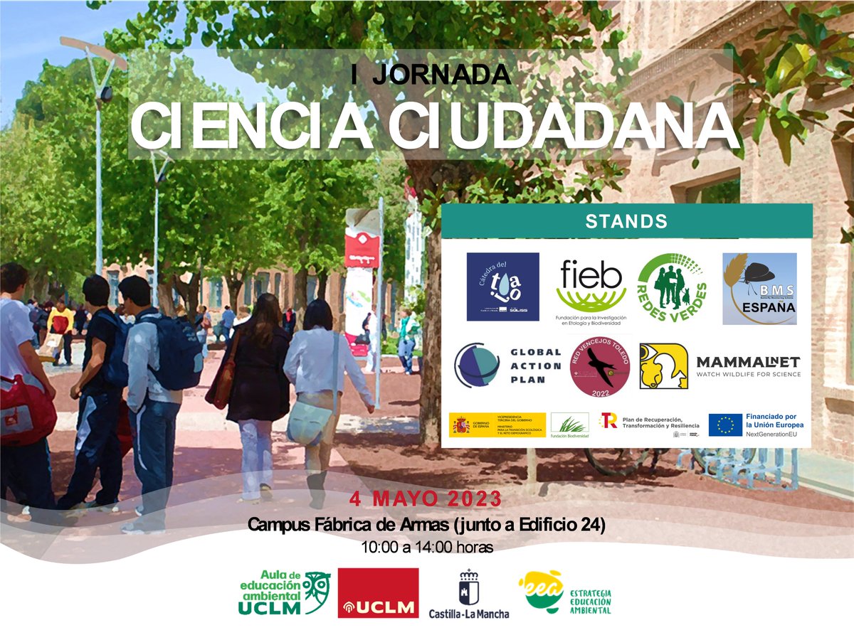 📌 [Evento]: Jornada de Ciencia ciudadana en <a href="/uclm_es/">Universidad de Castilla-La Mancha</a>

¿Quieres conocer los proyectos que traemos a la universidad? ¡Acércate a los stands! ¡Te esperan!

🗓️ 04-05-2023 
🕐 10 a 14 horas
📍 Frente a Edificio 24 del Campus Fábrica de Armas de Toledo.