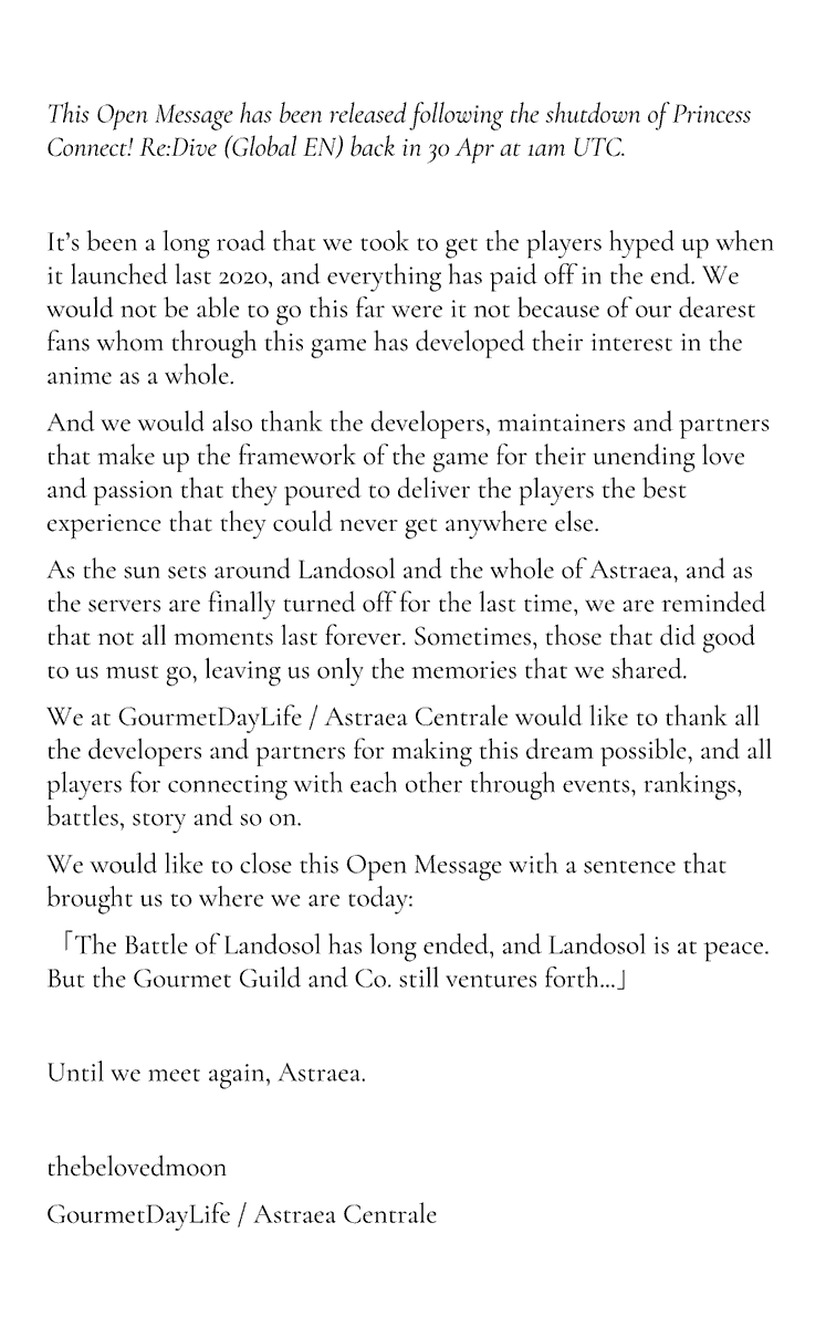 GourmetDayLife's tweet photo. An Open Message to @priconne_en following the shutdown of #PrincessConnectReDive (Global EN) back in 30 Apr at 1am UTC. https://t.co/ZEiYqAMlSW