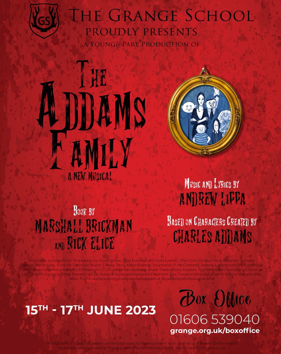 Book tickets now to the Grange School's production of The Addams Family: thegrangetheatre.com <a href="/Drama_Grange/">Drama | The Grange School</a> <a href="/Music_Grange/">Music | The Grange School</a> <a href="/grangetheatre/">The Grange Theatre</a> #schoolproduction #addamsfamily #schoolmusical