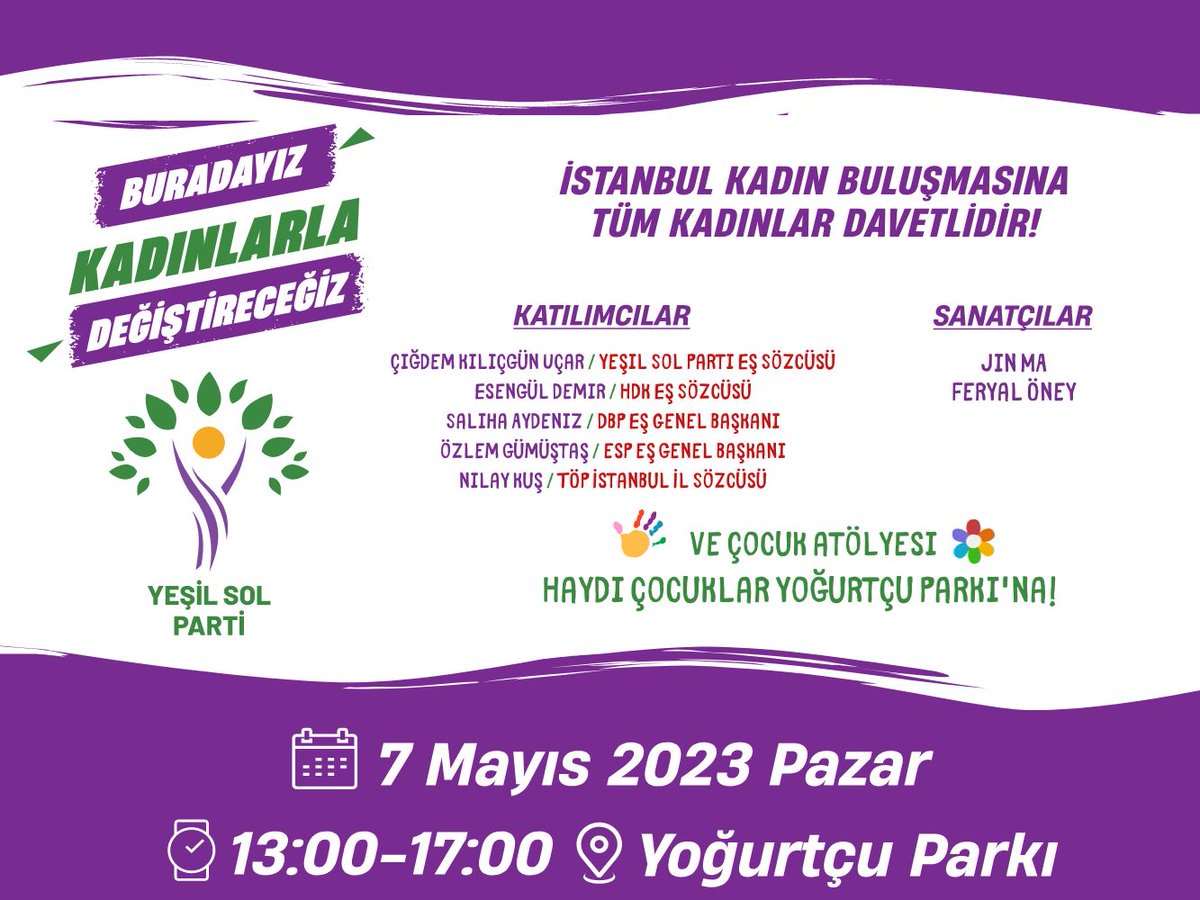 DEM_ist_kadin's tweet photo. 7 Mayıs Pazar günü saat 13.00-17.00 arasında İstanbul #YoğurtçuParkı'nda kadın buluşmamız var. 

Yaşanacak bir ülkeyi birlikte kurmak için geliyoruz. Haydi, sen de gel, birlikte değiştirelim! 

#BuradayızKadınlarlaDeğiştireceğiz https://t.co/ZRLeCjlwEy