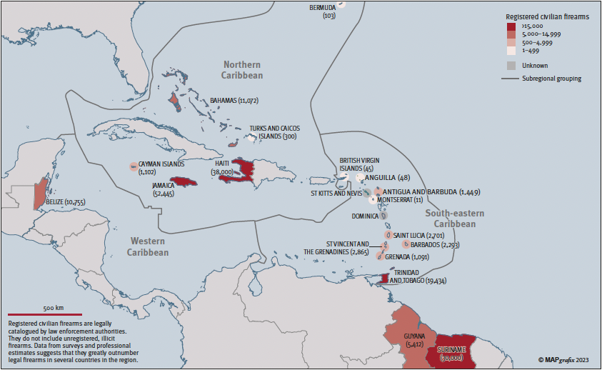 SmallArmsSurvey's tweet photo. Our new joint report with @Cimpacs, the Caribbean #WeaponsCompass, draws on information collected from 13 CARICOM member states & 22 states in the #Caribbean
The data used in this map about firearms registration, for example, comes from this collaboration
https://t.co/MY41PMQUA6 https://t.co/REVgobhrGv