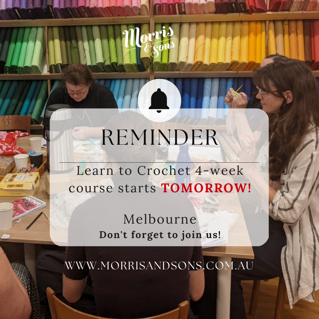 Morriswool's tweet image. 🧶🌟 Get ready to learn a new skill! Our 4-week Learn to Crochet course for absolute beginners starts TOMORROW! Now available in Melbourne 🧶👩🏫 #learntocrochet #morrisandsons #thegrannysquare #crochetbeginners #coursecrochetsydney