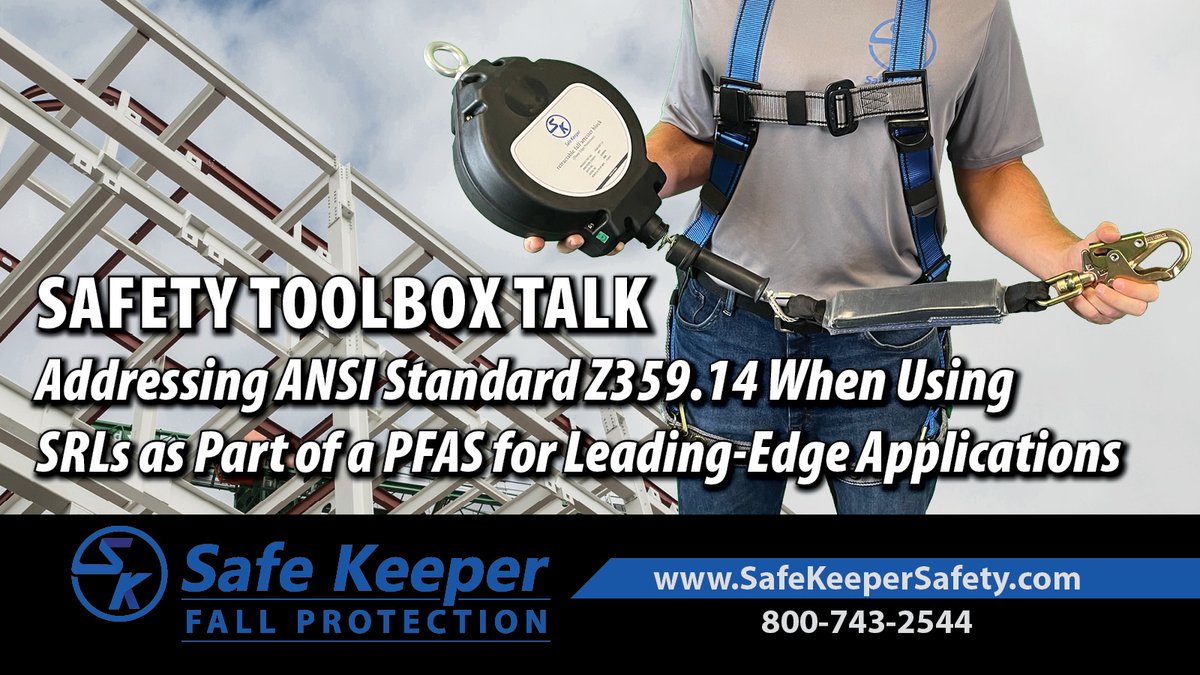 ANSI standard Z359.14 outlines the proper use of self-retracting lifelines (SRLs) as part of personal fall arrest systems (PFAS) for leading-edge applications. To learn everything you need to know, visit: zurl.co/5OlL.  #StandDown4Safety #ToolboxTalk