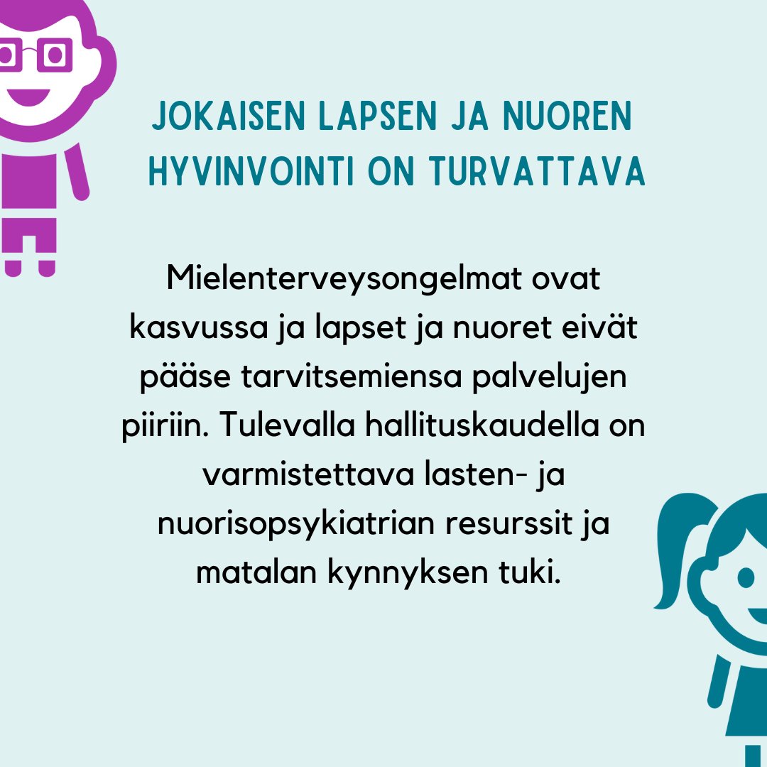 Hei hallitusneuvottelijat, nyt tarvitaan pitkäjänteisiä päätöksiä lasten ja nuorten hyväksi! 📢 

❗Hyvinvoiva yhteiskunta rakentuu turvallisen lapsuuden päälle. Siksi lapsista ja nuorista EI voi leikata. 

1/3  

#hallitusneuvottelut #hallitusohjelma