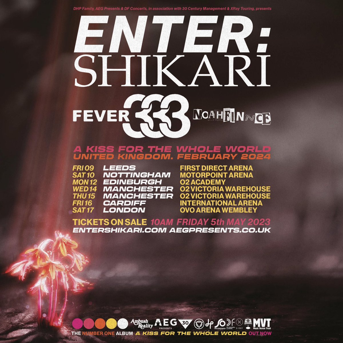 ENTERSHIKARI's tweet photo. If you are eligible for pre-sale for the Feb 2024 tour, tickets are on sale now!https://t.co/xnNt1wuoBG

Special guests @fever333 and @noahfinnadams. 

£1 from every ticket is donated to @musicvenuetrust to distribute to U.K. Grassroots Venues. https://t.co/7Xv1xTf7sZ