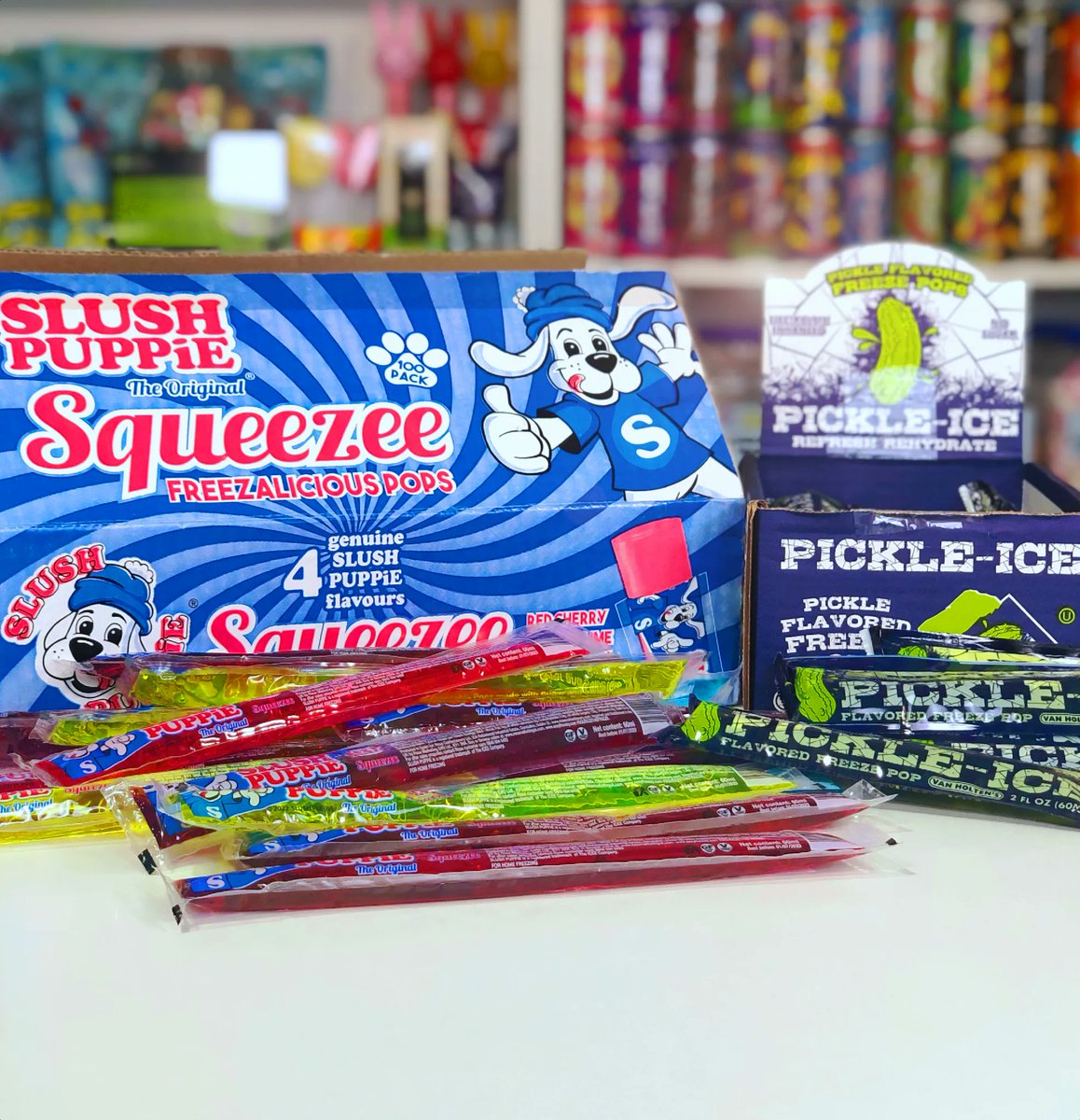 SweetGenieCoUk's tweet photo. Wishing for warmer weather?
Prepare with our NEW Pickle-Ice lollies, or play it safer with the four classic Slush Puppie flavours.
Or keep them as liquids - the freezing has to be done on your end, after all...
#summer #icepops #pickleice #freezepop #snacks #sweets #sweetshop https://t.co/lfiiu9yipI