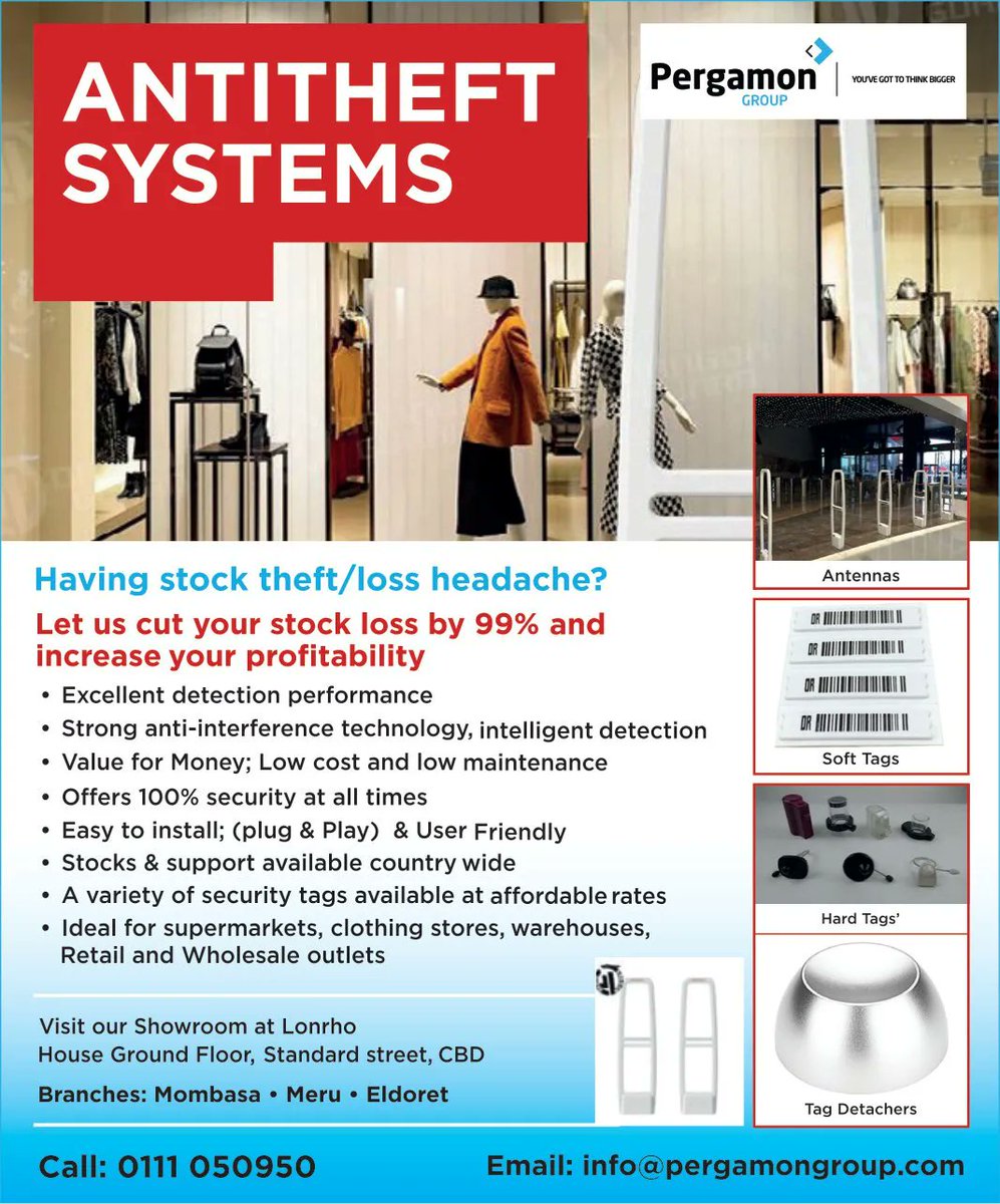 PERGAMONGROUP's tweet image. ✅ Cut back your stock loss by 99% and increase your profitability with our state of the art antitheft systems. Secure your business today. Call us 0111 050950 ☎️
#antitheft #pointofsale #pergamongroup Rigathi Ruto Maandamano Ezekiel breaking news karen charles azimio