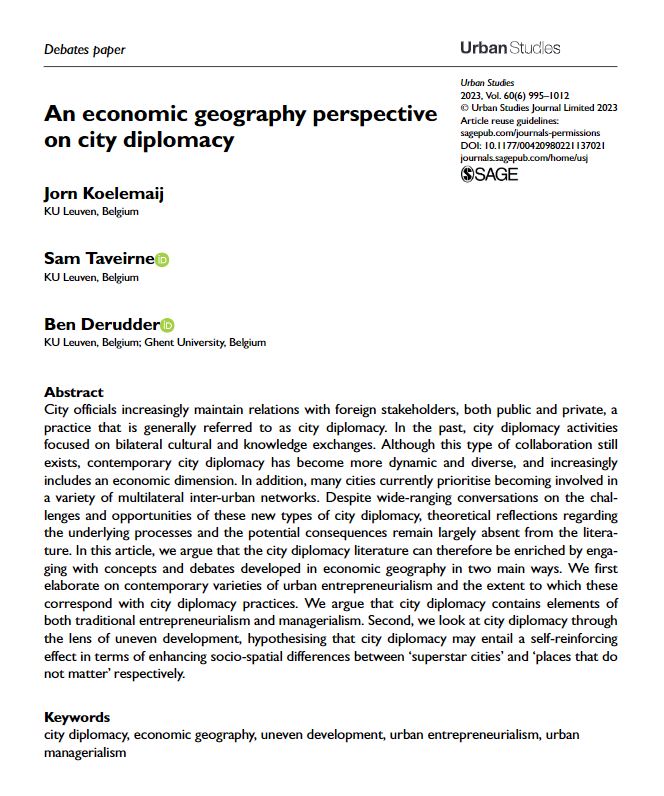USJ_online's tweet photo. #DebatesPaper: 'An economic geography perspective on city diplomacy' by @KoelemaijJorn, @sam_taveirne and @bdrudder
https://t.co/JPUpXhPZ9E
#CityDiplomacy #EconomicGeography https://t.co/VHYSckaF7R