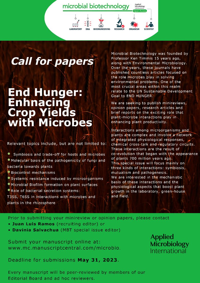 IMPORTANT ANNOUNCEMENT‼️📣 The deadline for submission to the “End Hunger: Enhancing Crop Yields with Microbes" special issue has been extended until 📆 May 31st, 2023 ⬇️Submit your manuscript online at: mc.manuscriptcentral.com/microbio. Thanks for RT
