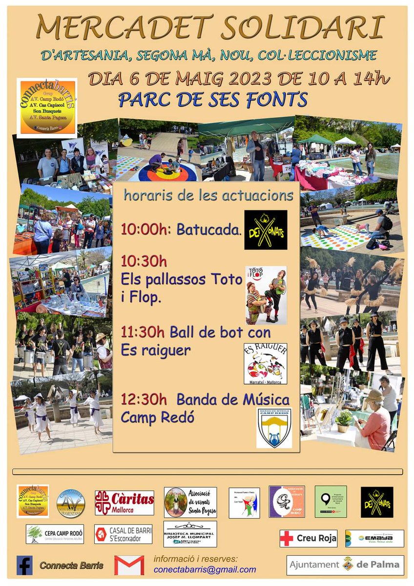 😃  Aquest dissabte 6 de maig al Parc de Ses Fonts torna el mercadet solidari de Connectabarris de 10 a 14 h

✅ Hi haurà moltes paradetes i activitats

🎊 Batucada, pallassos, ballada, concert de la banda de música del Camp Redó, taula informativa  <a href="/EMAYA_Palma/">EMAYA</a> i molt més