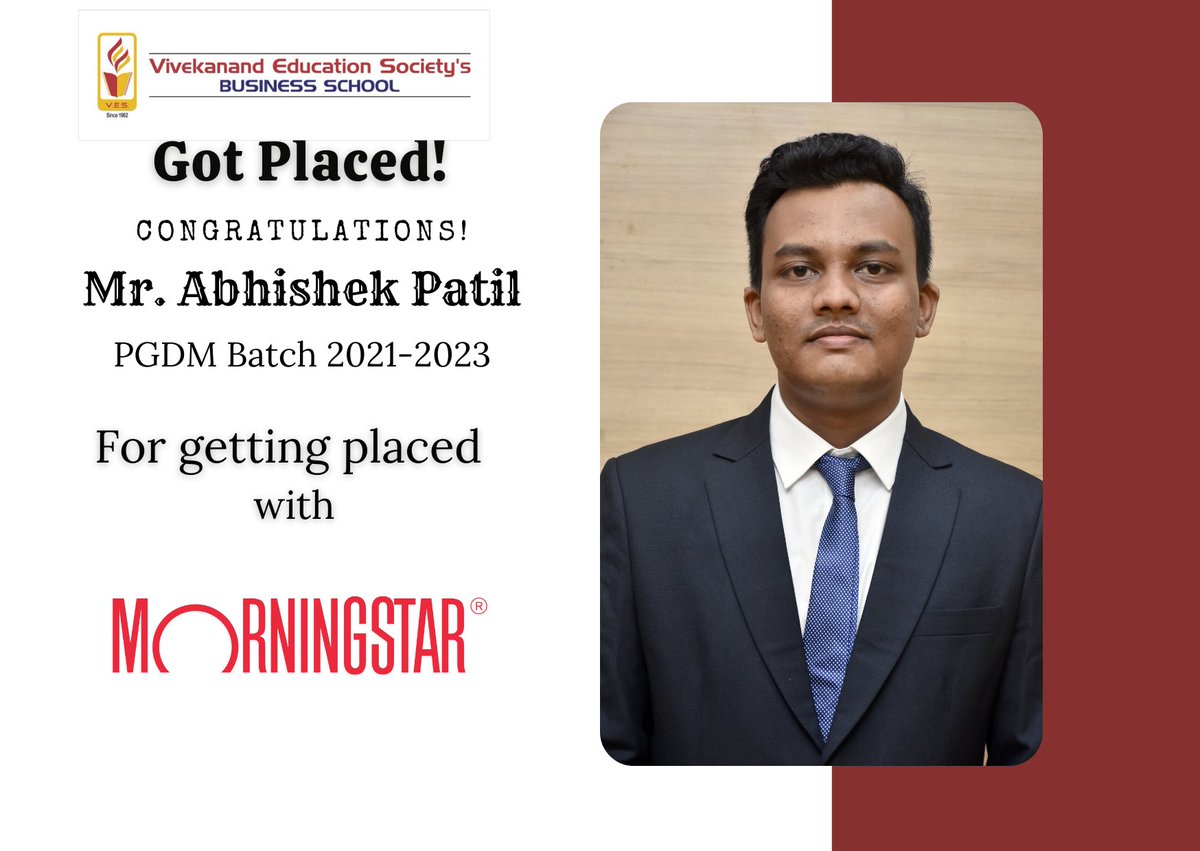 vbs_mumbai's tweet image. Success Story!!
VBS enthusiastically congratulates Mr. Abhishek Patil (Batch 2021-23) for his placement with 'MORNINGSTAR' Best Wishes for a Happy &amp;amp; Successful future.
#VBS #vbsplacements #PGDMplacements #placements2023 #MBA #MBAplacements #vivekanandcollege #vbspgdm #MBAcollege