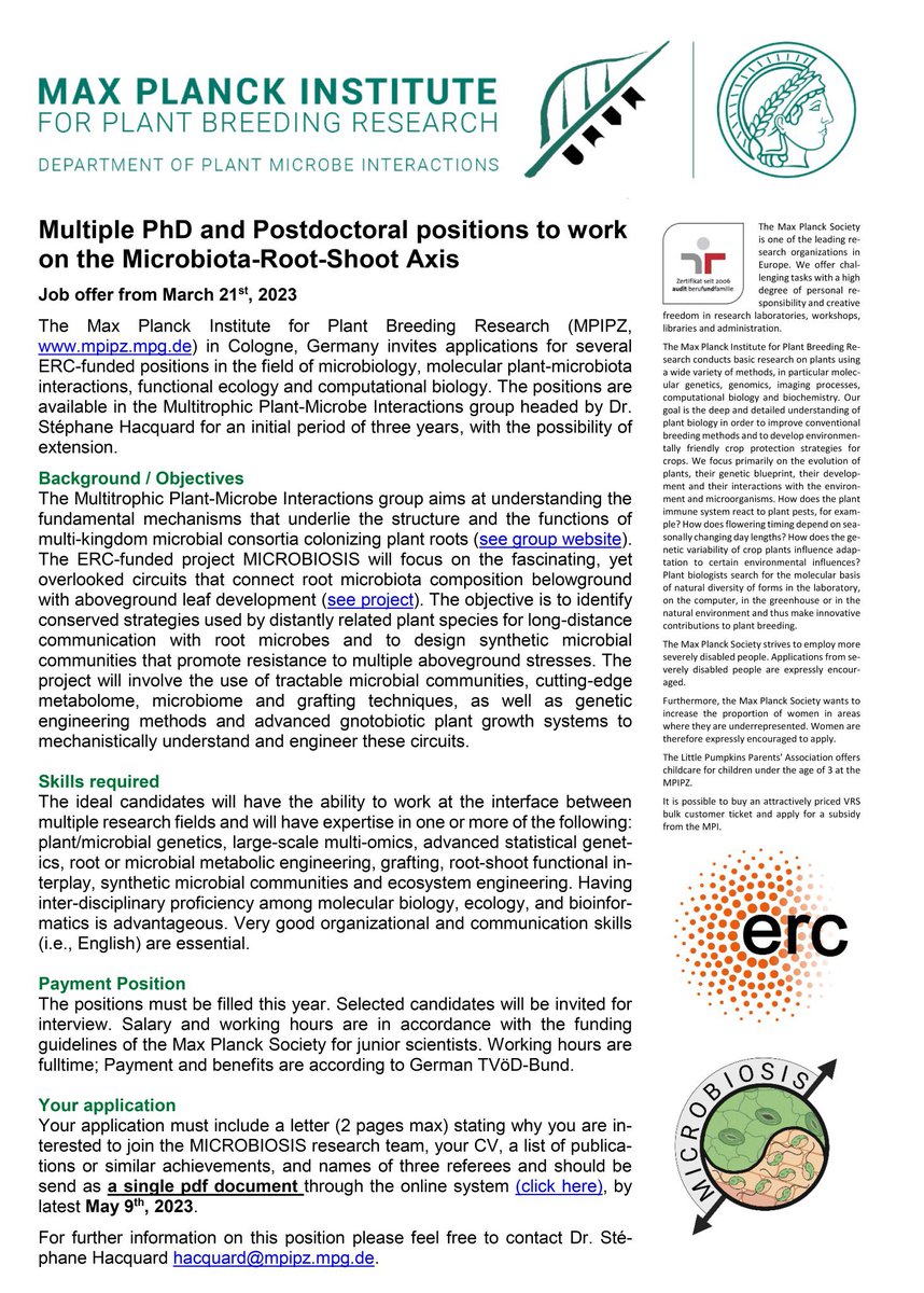 Last chance to apply! Several ERC-funded #PhD and #postdoc positions are available in my group <a href="/mpipz_cologne/">MPIPZ Cologne</a> to study the microbiota-root-shoot axis in plant health and disease. Join the MICROBIOSIS team here: jobs.mpipz.mpg.de/jobposting/fab… Deadline: May 9th. #PlantSciJobs. Please RT