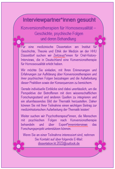 SoehnerF's tweet photo. Oral History PhD Projekt  @MedHHU @chshhu  
🏳️‍🌈Konversionstherapien für Homosexualität 🏳️‍🌈 
                Interviewpartner*innen gesucht  
@OHS_LGBT  #MentalHealth #SeelischeGesundheit https://t.co/Dl1d1xlRHJ
