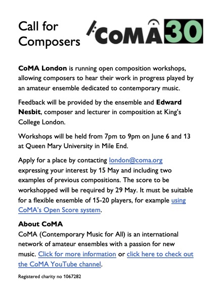 CoMALondon's tweet image. Call for composers of contemporary music!

An opportunity to workshop your piece with our orchestra.  Please express interest before 15th May - more information below:

coma.org/about/
