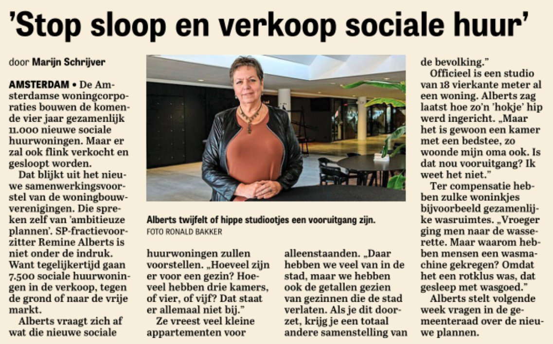 SP_Amsterdam's tweet photo. Vandaag in @telegraaf SP-fractievoorzitter @RemineAlberts over het samenwerkingsvoorstel en de "ambitieuze" plannen van de woningbouwverenigingen.
Een studio van 18m2 is geen woning! Volgende week zal de SP vragen stellen in de @gemeenteraad020!
#stopdeverkoop #stopdesloop https://t.co/pmUi8ZXP4a