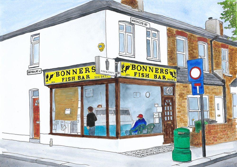 emmylouscutt's tweet photo. The fish &amp; chips shop shown briefly in the BBC Eurovision advert (supposedly in Liverpool?) is actually Bonners fish bar in Walthamstow, East London. Recognised it immediately as I painted it for my 2018 Walthamstow calendar. #Eurovision #art #Walthamstow https://t.co/tlGwt8ElrN