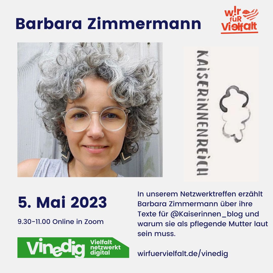 WirfuerVielfalt's tweet photo. Schon zu unserem #ViNeDig-ZOOM am 5.5. von 9.30-11.00 Uhr angemeldet❓Nein? Dann mal los: https://t.co/ivz2jl1OBO
U.a. stellt #BarbaraZimmermann ihren Blog https://t.co/SK8IT7HwnQ vor, mit dem sie als pflegende Mutter laut ist‼️
#WirFürVielfalt #VielfaltNetzwerktDigital https://t.co/0orjusqeEv