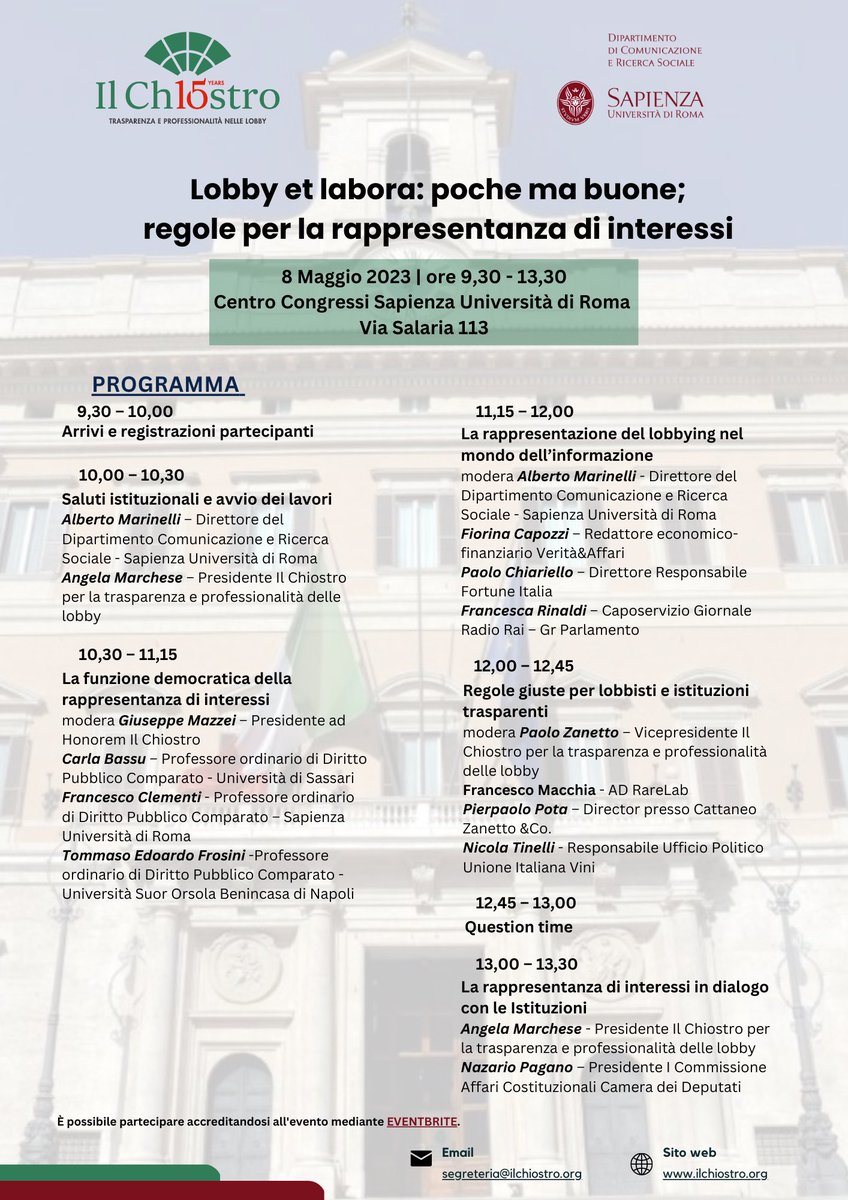 Il Chiostro (@ilchiostroweb) on Twitter photo 8 maggio con il <a href="/CorisSapienza/">CoRiS Sapienza</a> in dialogo su #lobbying , #funzionedemocratica della rappresentanza di #interessi, la rappresentazione del lobbying nel mondo dell'#informazione, #regole #giuste
Per partecipare lnkd.in/dY4R5QMn <a href="/AngeMarchese/">Angela Marchese</a> <a href="/PaoloZanetto/">Paolo Zanetto</a> <a href="/albmarinelli/">Alberto Marinelli</a> 8 maggio con il <a href="/CorisSapienza/">CoRiS Sapienza</a> in dialogo su #lobbying , #funzionedemocratica della rappresentanza di #interessi, la rappresentazione del lobbying nel mondo dell'#informazione, #regole #giuste
Per partecipare lnkd.in/dY4R5QMn <a href="/AngeMarchese/">Angela Marchese</a> <a href="/PaoloZanetto/">Paolo Zanetto</a> <a href="/albmarinelli/">Alberto Marinelli</a>